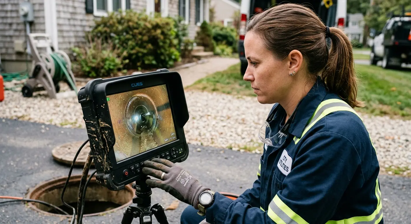 Technician reviewing sewer camera inspection footage in Bright