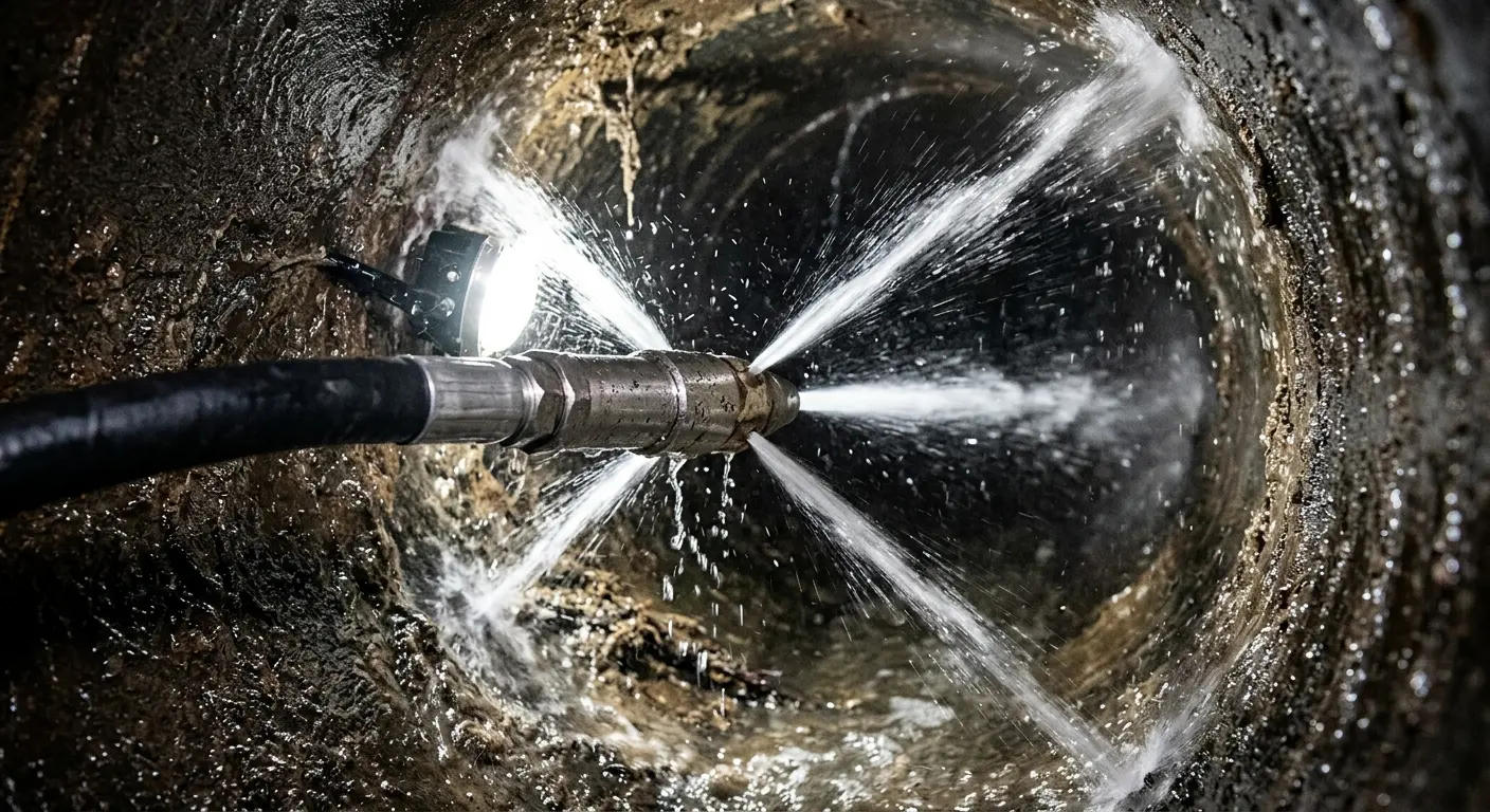 High-pressure hydro jetting nozzle cleaning sewer pipe for Emergency Drain Service in Bright