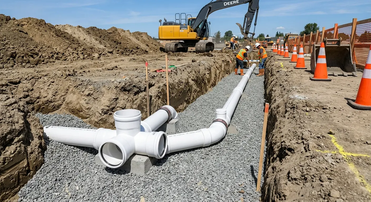New PVC sewer pipe installation in open trench for Sewer Backup in Bright