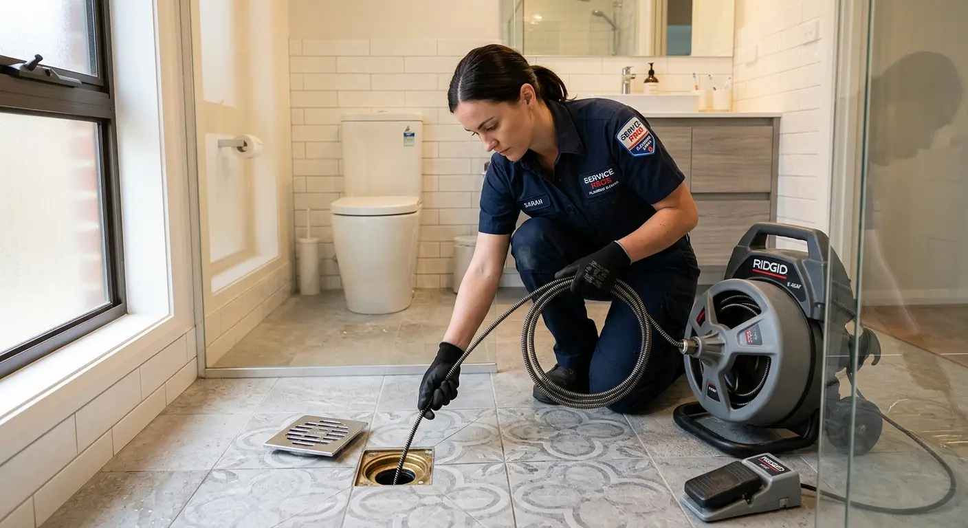 Technician clearing a bathroom floor drain for Drain Cleaning in Bright